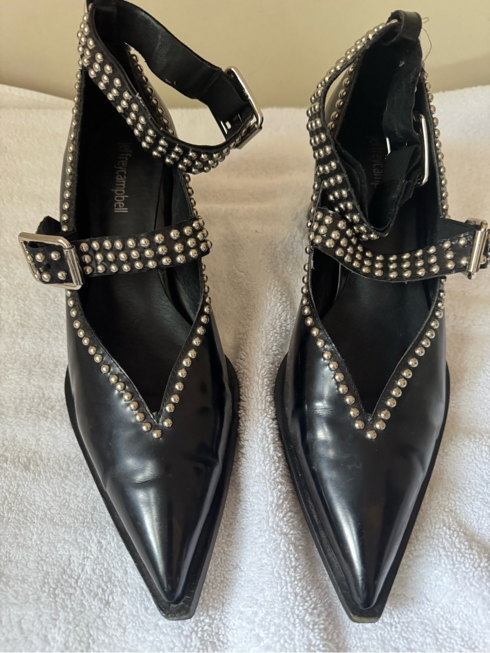 Jeffrey Campbell X Free People Black Studded Ankle Strap heels. Walk on By.